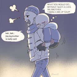  2016 2boys 2d alternate_costume alternate_language artist_name beanie black_shorts blue_jacket blue_pants brothers carrying carrying_person closed_eyes coat comic_sans digital_media duo english_text from_side gradient_background grey_background grey_hood hat height_difference holding holding_bottle hood hood_down hooded_jacket humanoid jacket male male_focus male_only monochrome monster monster_boy multiple_boys open_mouth pants papyrus_(font) papyrus_(undertale) piggyback powaro02 puff_of_air sans_(undertale) scarf siblings simple_background single_vertical_stripe skeleton socks speech_bubble squeans striped_shorts teeth text twitter_username two-tone_background undead undertale utdr_(toby_fox) variant_set vertical-striped_clothes vertical-striped_shorts walking white_socks white_stripes winter_clothes 