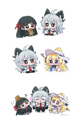  !? 3girls ? ahoge animal baby_animal bird black-haired_demon_girl_(shimmer) black_hair blonde_hair capybara cheek_pinching chibi chibi_only chick chisa_(wuthering_waves) closed_eyes closed_mouth commentary curled_horns earrings flying_sweatdrops grey_hair hair_ornament hair_ribbon hat heart highres holding holding_animal horns hue_oo jewelry key_earrings long_hair looking_at_another multiple_girls namipon_(wuthering_waves) necktie open_mouth phoebe_(wuthering_waves) pinching red_eyes red_necktie red_ribbon ribbon shirt simple_background smile symbol-only_commentary twitter_username violet_eyes white_background white_hat white_shirt wuthering_waves x_hair_ornament zani_(wuthering_waves) 