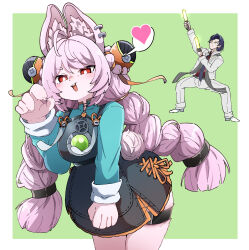  1boy 1girl absurdres animal_ear_fluff animal_ear_piercing animal_ears blue_hair blue_necktie border braid braided_twintails bright_pupils caseee999 commentary_request damian_blackwood furry furry_female glowstick green_background green_eyes green_shirt heart highres holding holding_glowstick leaning_forward long_hair looking_at_viewer necktie open_mouth penlight_(glowstick) pink_fur pink_hair rabbit_ears rabbit_girl red_eyes screw shirt short_eyebrows short_hair spoken_heart suit white_border white_pupils white_suit zenless_zone_zero zhao_(zenless_zone_zero) 