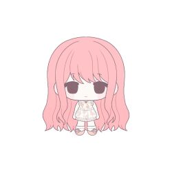  1girl absurdly_long_hair ankle_socks bare_arms bare_shoulders bead_necklace beads blush_stickers brown_eyes chibi closed_mouth commentary english_commentary flat_color floral_print flower flower_necklace frilled_shirt frilled_skirt frills happy heart jewelry long_hair long_sidelocks looking_at_viewer mary_janes miniskirt miracle_nikki necklace nikki_(nikki) nikki_(series) pink_hair pink_shoes pleated_skirt print_shirt print_skirt rose rose_print shirt shoes sidelocks simple_background skirt skirt_set sleeveless sleeveless_shirt smile socks solo standing straight-on tareme very_long_hair wavy_hair white_background white_shirt white_skirt white_socks yebmel 