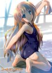  1girl absurdres ass brown_hair golden_time green_eyes highres kneeling komatsu_eiji long_hair oka_chinami poolside rei_no_pool school_swimsuit smile swimsuit towel 