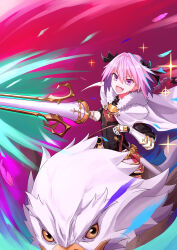  1boy absurdres armor astolfo_(fate) belt black_bow black_dress black_gloves bow braid braided_ponytail breastplate cape commentary_request dress fate/apocrypha fate_(series) faulds fur-trimmed_cape fur_trim gauntlets gloves hair_bow hair_intakes highres hippogriff_(fate) lance long_hair long_sleeves multicolored_hair pink_hair polearm streaked_hair violet_eyes weapon white_cape white_hair yuniyuni 
