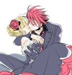  1boy 1girl beatrice black_battler blonde_hair blush closed_eyes couple hetero kiss lowres redhead short_hair simple_background smile sousui_hani umineko_no_naku_koro_ni ushiromiya_battler white_background 