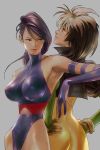  2girls ass bengus breasts brown_hair cowboy_shot elbow_gloves gloves green_eyes hands_on_hips headband jacket leotard lips long_hair looking_away marvel multicolored_hair multiple_girls psylocke purple_hair rogue_(x-men) unitard violet_eyes white_hair x-men 