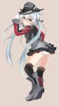  1girl absurdres anchor_hair_ornament ass blue_eyes cosplay eve_(kenzen) full_body hat hat_tip hibiki_(kantai_collection) highres kantai_collection long_hair looking_at_viewer low_twintails panties pantyshot pantyshot_(standing) peaked_cap prinz_eugen_(kantai_collection) prinz_eugen_(kantai_collection)_(cosplay) silver_hair skirt solo standing thigh-highs twintails underwear very_long_hair white_panties 