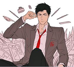  1boy black_eyes black_hair blazer gekkan_shoujo_nozaki-kun ink_bottle kanapy male necktie nozaki_umetarou paper pen ruler school_uniform 