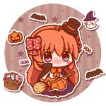  1girl bangs basket bat blush bow bowtie broom candy cape chibi full_body gekkan_shoujo_nozaki-kun ghost hair_bow halloween hat jack-o&#039;-lantern lollipop long_sleeves looking_at_viewer mini_top_hat orange_hair p-man-p-man polka_dot polka_dot_bow pumpkin sakura_chiyo skirt solo standing star sweets top_hat violet_eyes witch_hat 