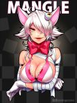  1girl ahoge animal_ears artist_name bandaged_arm bandaged_neck bandages bangs bow bowtie bra breast_hold breasts bust character_name checkered checkered_background cleavage crossed_arms eyeball eyebrows fang five_nights_at_freddy&#039;s five_nights_at_freddy&#039;s_2 flipped_hair fox_ears gloves hair_over_one_eye highres ko-on_(ningen_zoo) large_bow looking_at_viewer mangle open_mouth personification red_bow shiny shiny_hair shiny_skin short_hair sideboob silver_hair skindentation solo swept_bangs third_eye tsurime twitter_username underwear white_gloves yellow_eyes 