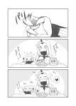  2girls 3koma ^_^ bag blush bowl chestnut claws closed_eyes comic commentary detached_sleeves heart highres horn horns kantai_collection long_hair mittens monochrome multiple_girls northern_ocean_hime o_o ribbed_sweater seaport_hime signature sparkle spoken_heart sweater translated twitter_username yamato_nadeshiko 