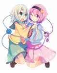  2girls green_eyes hands_together komeiji_koishi komeiji_satori multiple_girls one_eye_closed pink_eyes pink_hair rowtan sash skirt third_eye touhou white_background white_hair wide_sleeves 