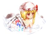  1girl back bathing blonde_hair check_commentary commentary_request cup fang flandre_scarlet hat hat_ribbon kotou_(ko-tou) mob_cap onsen red_eyes ribbon smile solo teacup touhou water wet_hair wings 