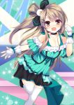  1girl :d brown_eyes brown_hair choker gabao. gloves hair_bun hair_ornament hair_ribbon hairclip highres long_hair looking_at_viewer love_live!_school_idol_project minami_kotori open_mouth ribbon smile solo standing_on_one_leg thigh-highs white_gloves white_legwear zettai_ryouiki 