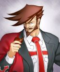  1boy beard brown_hair character_request collared_shirt copyright_request cross facial_hair formal looking_at_viewer manly monocle mustache necktie onsoku_maru smile smoking_pipe solo suit tagme tuxedo 