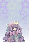  1girl bow crescent_hair_ornament edo. gradient gradient_background hair_bow hair_ornament hat hat_bow long_hair patchouli_knowledge purple_hair red_eyes solo star touhou very_long_hair 
