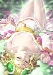  1girl bare_shoulders blonde_hair breasts cleavage collarbone green_eyes hair_bobbles hair_ornament hair_ribbon lips long_hair long_sleeves lying meimei_(p&amp;d) off_shoulder on_back puzzle_&amp;_dragons realistic ribbon scotishfold solo turtle_shell 
