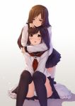  2girls :d bangs between_legs black_hair brown_hair caidychen gradient gradient_background hair_ribbon hand_between_legs hand_on_another&#039;s_head highres hug hug_from_behind kneeling legs light_particles long_hair long_sleeves multiple_girls narrowed_eyes open_mouth parted_bangs pillow red_ribbon ribbon school_uniform serafuku sitting smile swept_bangs thigh-highs tilt_shift twintails yellow_eyes 