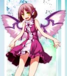  1girl animal_ears bare_arms bare_shoulders bird_wings dress ear_piercing fang highres mystia_lorelei no_hat open_mouth piercing pink_dress pink_hair s-syogo sleeveless sleeveless_dress slit_pupils smile solo touhou wings yellow_eyes 