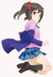  1girl black_hair black_legwear bow dated from_side hair_bow jacket_off_shoulders looking_at_viewer love_live!_school_idol_project nagian red_eyes school_uniform short_hair signature skirt socks solo sweater twintails yazawa_nico 