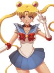  1girl bangs bishoujo_senshi_sailor_moon blonde_hair blue_eyes blue_skirt brooch choker cowboy_shot double_bun elbow_gloves eng_(hypark1102) gloves hair_ornament jewelry long_hair looking_at_viewer parted_bangs parted_lips pleated_skirt red_bow sailor_collar sailor_moon shiny shiny_clothes skirt smile solo tsukino_usagi twintails v white_background white_gloves 