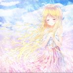  1girl alc_(ex2_lv) blonde_hair closed_eyes hands_together long_hair navel original smile solo torn_clothes wind 