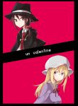  2girls blonde_hair bow brown_eyes brown_hair capelet cover cover_page hat hat_bow maribel_hearn multiple_girls necktie shirofox touhou usami_renko violet_eyes 