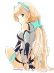  1girl angela_balzac aqua_eyes ass blonde_hair bodysuit breasts dated elbow_gloves expelled_from_paradise from_behind gloves headgear leotard long_hair looking_back low_twintails nagian signature simple_background sitting smile solo thigh_strap twintails very_long_hair white_background 