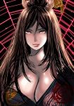  1girl black_hair breasts brown_eyes bust cleavage huge_breasts light_smile lips long_hair looking_at_viewer oshiro_collection silk solo spider_web unidama_(ukidama) 