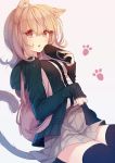  1girl animal_ears backpack bag black_legwear breasts caidychen cardigan cat_ears cat_tail cowboy_shot crossed_arms dangan_ronpa hair_ornament holding hoodie kemonomimi_mode looking_at_viewer nanami_chiaki paw_print pink_eyes pink_hair playstation_portable pleated_skirt short_hair skirt sleeves_past_wrists solo super_dangan_ronpa_2 tail thigh-highs zettai_ryouiki 