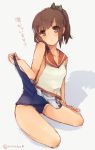  1girl brown_eyes brown_hair i-401_(kantai_collection) kantai_collection one-piece_swimsuit riruno school_swimsuit short_hair short_ponytail swimsuit swimsuit_pull swimsuit_under_clothes tan 