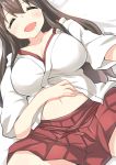  1girl ^_^ absurdres akagi_(kantai_collection) blush breasts brown_hair cleavage closed_eyes drooling highres kantai_collection long_hair lying navel on_back open_mouth ryuki_(ryukisukune) saliva skirt smile solo 