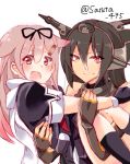  2girls :d artist_request black_hair black_serafuku blush carrying fang fingerless_gloves gloves hair_flaps hair_ornament hair_ribbon hairclip headgear highres kantai_collection long_hair multiple_girls nagato_(kantai_collection) open_mouth pink_hair princess_carry red_eyes ribbon school_uniform serafuku smile twitter_username white_background yuudachi_(kantai_collection) 