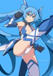  1girl armor blue_background blue_eyes blue_hair character_name cleavage_cutout clenched_hands flat_chest from_below frown gloves kicking long_hair maruto! mecha_musume ore_twintail_ni_narimasu serious solo tail_blue thigh-highs twintails 