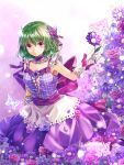  1girl alternate_costume alternate_eye_color arms_at_sides bare_shoulders butterfly butterfly_hair_ornament collarbone dress field flower flower_field gloves green_hair hair_ornament highres kazami_yuuka looking_at_viewer plaid plaid_shirt purple_dress purple_rose ribbon rose shironeko_yuuki short_hair solo touhou violet_eyes white_gloves 
