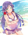  1girl ball breasts cleavage dorisu2 highres long_hair love_live!_school_idol_project purple_hair smile solo swimsuit toujou_nozomi twintails 