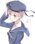  1girl absurdres blue_eyes blush character_name clothes_writing hand_on_head hat highres kantai_collection long_sleeves military military_uniform nekoremon sailor_collar sailor_hat short_hair silver_hair simple_background solo uniform white_background z1_leberecht_maass_(kantai_collection) 