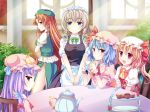  5girls :d blonde_hair blue_eyes blue_hair blush chinese_clothes crescent_hair_ornament flandre_scarlet hair_ornament hat hong_meiling izayoi_sakuya looking_at_viewer maid maid_headdress mob_cap multiple_girls open_mouth orange_hair patchouli_knowledge platinum_blonde purple_hair red_eyes remilia_scarlet smile swami touhou violet_eyes 