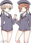  2girls artist_name blue_eyes blush brown_eyes brown_hair clothes_writing hat holding_hands kan_satomi kantai_collection long_sleeves military military_uniform multiple_girls neckerchief sailor_collar sailor_hat short_hair silver_hair simple_background uniform white_background z1_leberecht_maass_(kantai_collection) z3_max_schultz_(kantai_collection) 