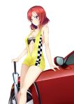  1girl alternate_costume arm_support bare_shoulders breasts car checkered cleavage female looking_at_viewer love_live!_school_idol_project midriff motor_vehicle nishikino_maki qiuzhi_huiyi racequeen redhead short_hair sitting_on_car solo umbrella umbrella_stand under_boob vehicle violet_eyes 