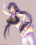  1girl aqua_eyes breasts clenched_hand crop_top gloves hand_on_hip highres impossible_clothes large_breasts long_hair looking_at_viewer love_live!_school_idol_project midriff miniskirt pleated_skirt purple_hair skirt thigh-highs toujou_nozomi twintails very_long_hair white_gloves white_legwear yu-ta zettai_ryouiki 