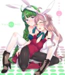 2girls adapted_costume animal_ears bare_shoulders black_legwear blue_eyes blush boots braid brown_hair bunnysuit character_name covered_navel detached_collar detached_sleeves double_bun fake_animal_ears glasses green_hair hand_on_another&#039;s_head high_heels inuhasiru kantai_collection long_hair makigumo_(kantai_collection) mole multiple_girls one_eye_closed rabbit_ears sitting sleeves_past_wrists small_breasts spread_legs very_long_hair white_legwear yellow_eyes yuugumo_(kantai_collection) 