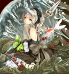  1girl back_cutout earrings fish goldfish green_eyes ice jewelry kanna_(horntp) long_hair looking_at_viewer original polearm ponytail silver_hair sitting solo spear twitter_username underwater wariza weapon 