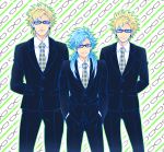  3boys blonde_hair blue_hair dramatical_murder earrings formal glasses hands_in_pockets height_difference ishi_shi jewelry multiple_boys necktie plaid plaid_necktie seragaki_aoba smile spiky_hair suit trip_(dramatical_murder) virus_(dramatical_murder) virus_(dramatical_murder)_(cosplay) 