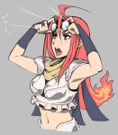  1girl ahoge armpits arms_up black_gloves bridal_gauntlets bust chandra_nalaar gloves goggles goggles_on_head grey_background magic:_the_gathering midriff navel noname_(metaldragonfly) open_mouth red_eyes redhead scarf solo 