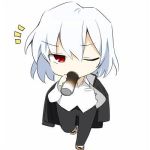  1boy canned_coffee chibi drinking geta hanabana_tsubomi jacket_on_shoulders lowres one_eye_closed red_eyes school_uniform short_hair solo toono_shiki_(2) tsukihime white_background white_hair 