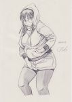  1girl angry breasts fat glasses hands_in_pockets hoodie kobayakawa_horan large_breasts long_hair looking_at_viewer monochrome nekokami original pantyhose pout shorts sketch solo sweater thick_thighs thighs wide_hips 