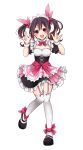  1girl \m/ bangs black_hair blush bow bow_legwear bowtie double_\m/ dress frilled_skirt frills full_body garter_straps hair_bow long_hair looking_at_viewer love_live!_school_idol_project maid maid_headdress mogyutto_&quot;love&quot;_de_sekkin_chuu! nanase_eka nico_nico_nii open_mouth puffy_sleeves red_eyes shoes short_sleeves simple_background skirt smile solo standing standing_on_one_leg thigh-highs twintails white_background white_legwear yazawa_nico zettai_ryouiki 