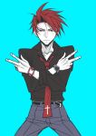  1boy black_battler blue_background looking_at_viewer necktie red_eyes redhead short_hair simple_background solo sousui_hani tagme umineko_no_naku_koro_ni ushiromiya_battler 