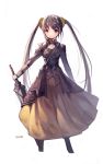  1girl artist_name breastplate faulds long_hair looking_at_viewer original red_eyes signature simple_background skirt solo sorolp standing sword tiara twintails very_long_hair weapon white_background 