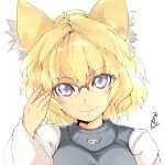  1girl animal_ears bespectacled blonde_hair blue_eyes breasts bust dress face fox_ears glasses hayate-s highres large_breasts long_sleeves no_hat red-framed_glasses smile solo tabard touhou white_dress wide_sleeves yakumo_ran 