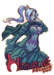  1girl blue_hair breasts center_opening character_request cleavage commentary_request dress grey_skin large_breasts long_hair pointy_ears red_eyes sleeves_past_wrists smile solo tiara ueno_petarou witchblade 